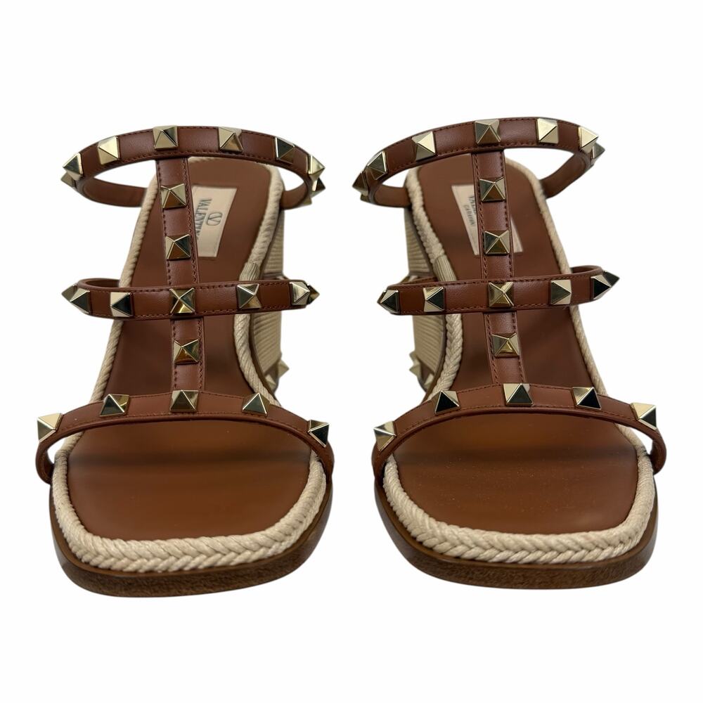 Valentino Garavani Rockstud 100 Espadrille Wedge Sandal Tan Size 37 - Picture 4 of 11
